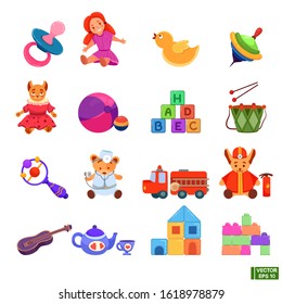 Vector image. Set of colored children's toys in flat style.