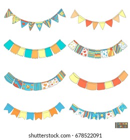 Vector image. Set of colored flags. Garland with colored flags on a rope. Beautiful festive flags, hand drawing