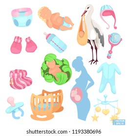 Vector image. Set of colored icons of child care. Childrens supplies and baby.