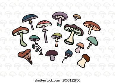 Vector image. Set of colored mushrooms in doodle style, edible and non-edible mushrooms. Template for creating compositions, printing patterns.