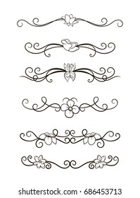 Vector image. A set of curls and scrolls. Dividers patterns with butterflies and flowers. Decorative elements for frames.