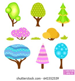 Vector image. A set of cute abstract trees. Unusual trees with bright textures.