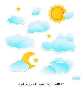 Vector image. Set of cute clouds of stickers. Children's set with clouds, moon, sun and stars.