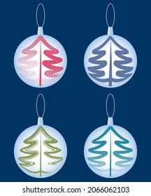Imagen vectorial del set de bolas de navidad decorativas con abetos abstractos