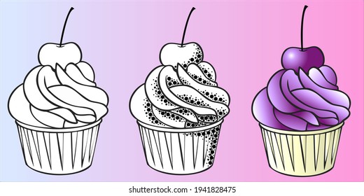 Vektorbild. Set lecker Cupcakes mit Kirschen in schwarz-weiß und farbig, mit Textur