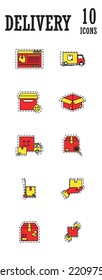 imagen vectorial, conjunto de iconos de entrega con fondo blanco de color rojo y amarillo.
