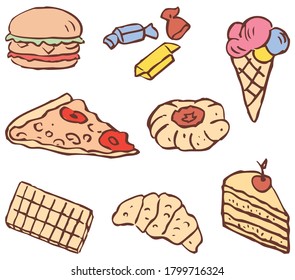 Vector image of a set of different drawn fast food