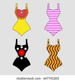 Vector image set of different swimsuit. Beautiful bright swimsuit for summer