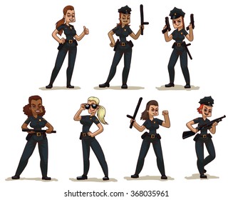 Imagen vectorial de un conjunto de mujeres policías uniformadas con varias armas en las manos en diferentes poses y en un fondo claro. Mujeres policías. Ilustración vectorial.
