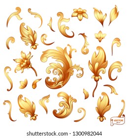 Vector image. Set of element baroque engraved floral scroll retro pattern. Golden victorian frame border ornament. Filigree vintage calligraphic elements for design.