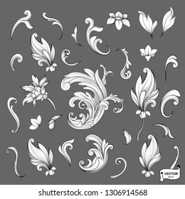 Vector image. Set of element baroque engraved floral scroll retro pattern. Black and white victorian frame border ornament. Filigree vintage calligraphic elements for design.