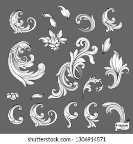 Vector image. Set of element baroque engraved floral scroll retro pattern. Black and white victorian frame border ornament. Filigree vintage calligraphic elements for design.