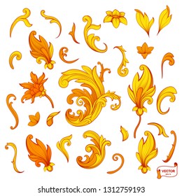 Vector image. Set of element baroque engraved floral scroll retro pattern. Orange victorian frame border ornament. Golden vintage calligraphic elements for design.