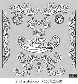 Vector image. Set of element baroque engraved floral scroll retro pattern. Black and white victorian frame border ornament. Filigree vintage calligraphic elements for design.