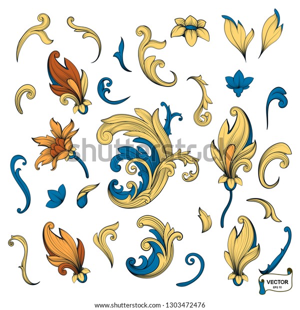 Vector image. Set of\
element baroque engraved floral scroll retro pattern. Yellow and\
blue victorian frame border ornament. Vintage calligraphic elements\
for design.