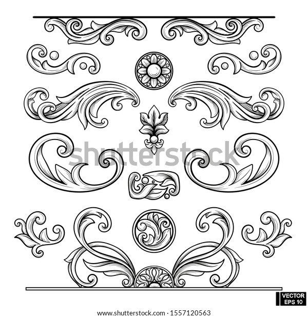 Vector image. Set of\
element baroque engraved floral scroll retro pattern. Black and\
white victorian frame border ornament. Filigree vintage\
calligraphic elements for\
design.
