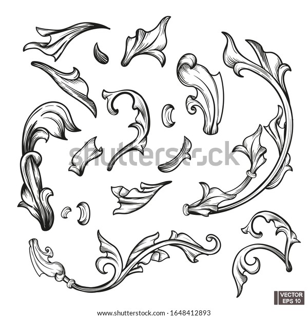 Vector image. Set of\
element baroque engraved floral scroll retro pattern. Black and\
white victorian frame border ornament. Filigree vintage\
calligraphic elements for\
design.