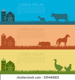 Vector image of a set of farm banners with different silhouette animals