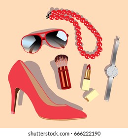 Vector image: set of female subjects (red women shoes, sunglasses, cosmetics, lipstick, powder brush, wrist watch, red beads)