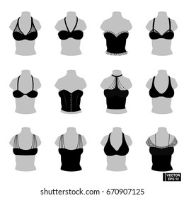 Vector image. Set of female underwear on a mannequin. Silhouettes of bras and corsets.