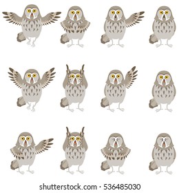 Vector image of the Set of flat grey owl icons