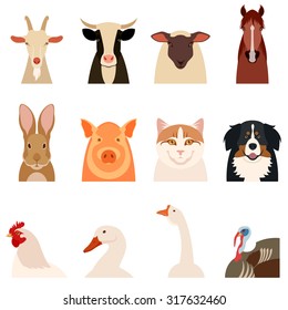 Vector image of a set of flat icons of farm animals