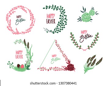 
Vector image. A set of flowers and branches for decoration frames. Easter card. Detailed drawn plants.