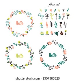 
Vector image. A set of flowers and branches for decoration frames. Holiday card. Detailed drawn plants.
