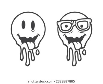 Vector image set of a flowing black line laughing emoticon. Isolated on white background.