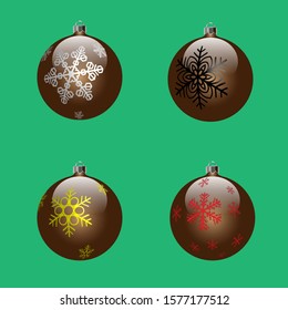 Vector image - set of four chocolate-colored Christmas balls with various patterns of snowflakes on an isolated green background