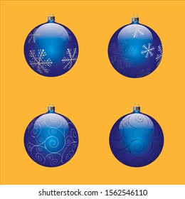 Vector image - a set of four Christmas balls in blue with different patterns of white snowflakes on an isolated orange background