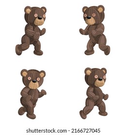 Vector image of a set of four knitted bears in various positions. Isolated on white background. EPS 10
