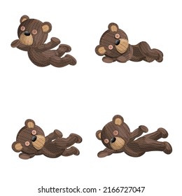 Vector image of a set of four knitted bears in various positions in horizontal poses. Isolated on white background. EPS 10