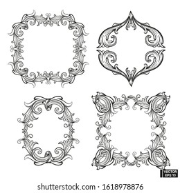 Vector image. Set of frame baroque engraved floral scroll. Black and white victorian border ornament. Filigree vintage calligraphic elements for design.