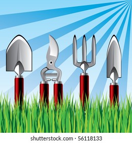 vector image of set of garden tools on background of sky and grass