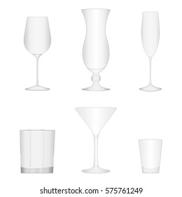 Vector image of a set of glasses.Icons wine glass,cocktail glass,champagne glass,whiskey glass,Martini glass,glass.