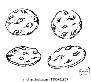 Vector image. Set of graphic cookies line art, doodle silhouette drawing. Delicious vintage etching food design.