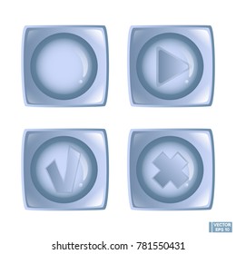 Vector image. Set of gray-blue plastic buttons. Round buttons inside squares. Glossy plastic buttons.