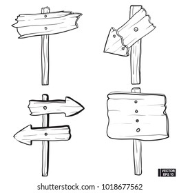 Vector image. A set of hand-drawn wooden signposts. Ink sketch.