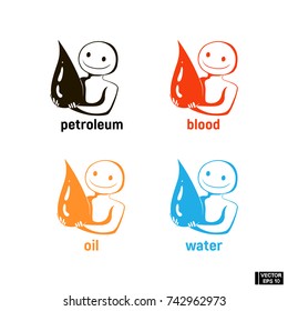 Vector image. A set of icons a cartoon character holds a large drop. Icons of water, oil, blood, petroleum