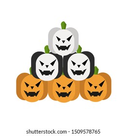 Vector image set of jack lantern pumpkins with various evil emotions in black and lilac stripes. Isolated on a white background.