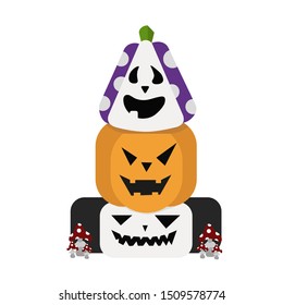 Vector image set of jack lantern pumpkins with various evil emotions in black and lilac stripes. Isolated on a white background.