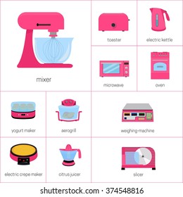 vector image set of kitchen appliances in pink