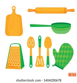 Vector image. Set of kitchen utensils. Light wood color with green. Rolling pin, grater, tack, cutting board, colander and spoons.