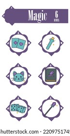 vector image, set of magic icons with white background and purple lines.