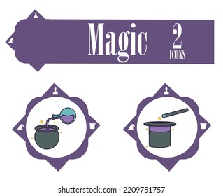 vector image, set of magic icons with white background and purple lines.