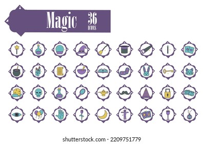 vector image, set of magic icons with white background and purple lines.