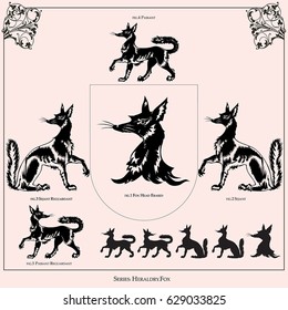 Vector image. A set of medieval heraldic fox figures: sits and looks ahead, the sits and looks back, goes and looks ahead, goes and looks back, the fox's head.