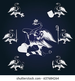 The vector image. A set of medieval heraldic figures. Heraldic swan with attributes: crown, heart, chain, sword, staff, cross, heraldic shield, feather, snake.