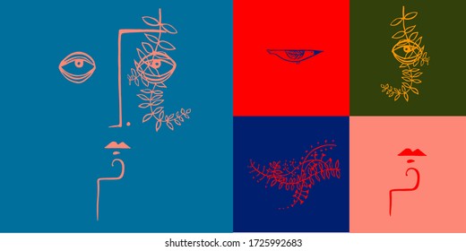 vector image. set of minimalistic linear drawings on colored backgrounds
